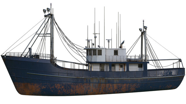 Dark blue rusty fishing trawler with metal rigging, isolated on transparent background