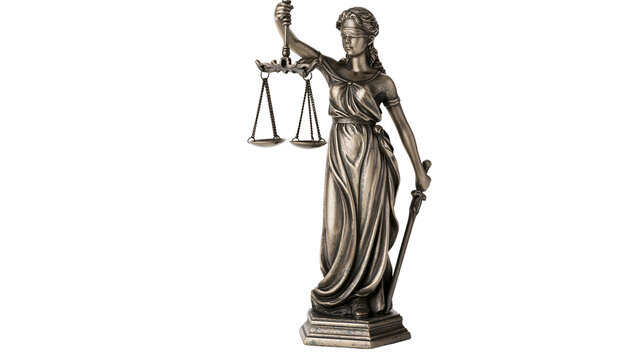 Statue of Justice holding scales and sword, isolated on transparent background