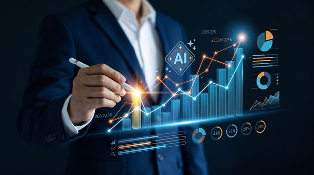 Businessman pointing at growing data chart with artificial intelligence analytics and financial growth graph