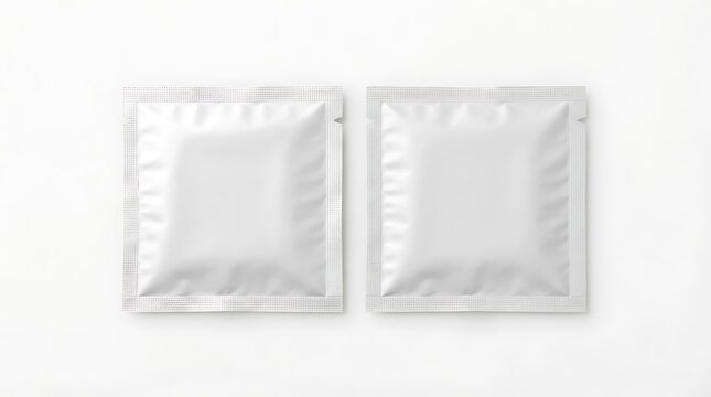 white plain empty plain two square metallic foil packaging sachet on an isolated background