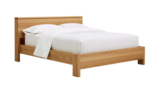 Modern wooden bed frame with white striped bedding, isolated on transparent background