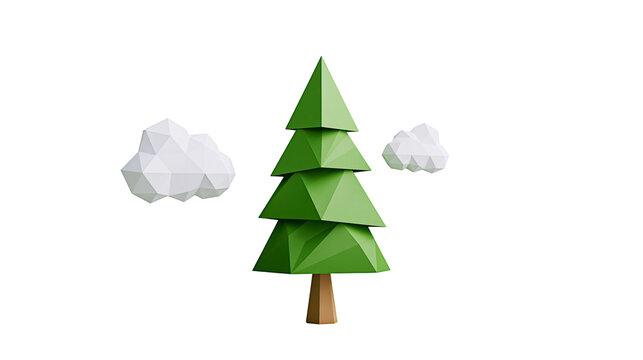 Green geometric pine tree with two low-poly clouds, isolated on transparent background
