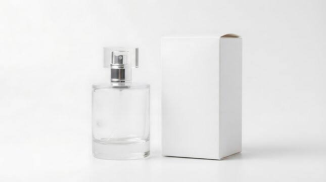 White plain empty blank perfume glass bottle with paper packaging box on isolated background