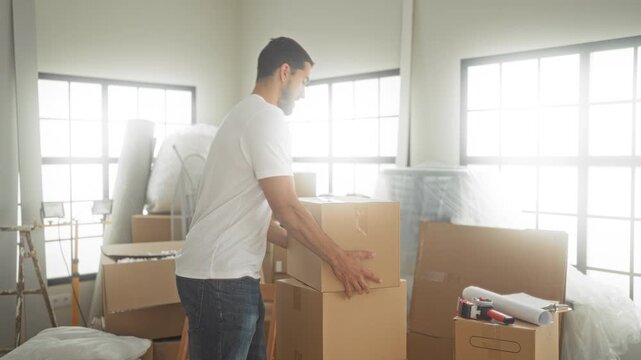 Man lifting a cardboard box with both hands and smiling while stacking moving boxes next to wrapped furniture in a bright building; pride.