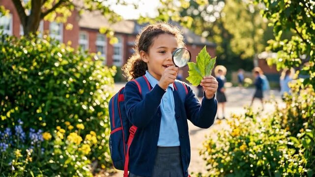 Girl child examining green leaf with magnifying glass at school. Science education curiosity and discovery concept for kids learning