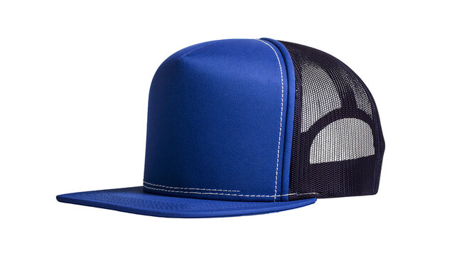 Blue trucker cap with mesh back and flat brim, isolated on transparent background