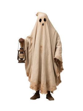 Person in a rustic sheet ghost costume holding an old vintage lantern isolated on transparent or white background, png