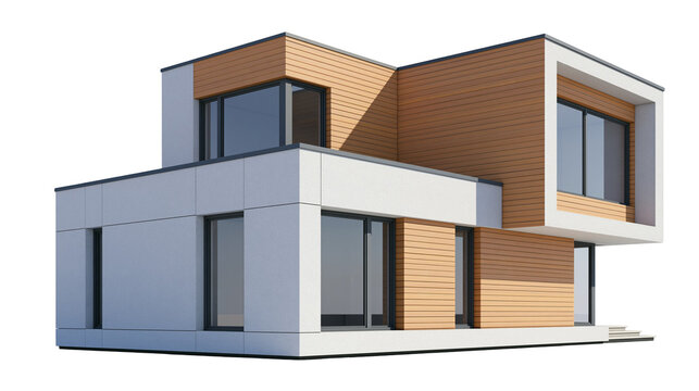 Modern two-story house with white facade and wood paneling, isolated on transparent background