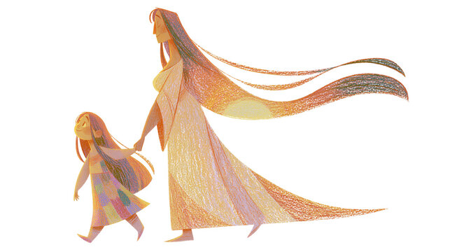 Stylized mother and daughter holding hands walking together, isolated on transparent background