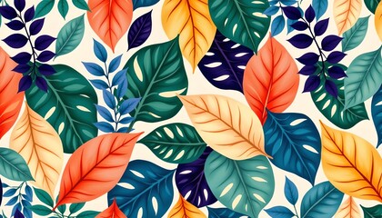 Fototapeta premium The image features a vibrant and colorful pattern of various leaves overlapping each other, creating a dense botanical design