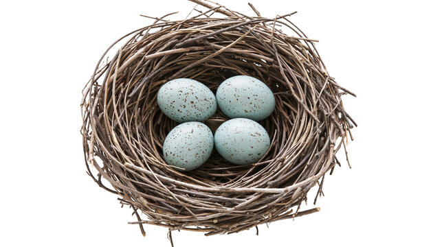Natural bird nest with four speckled blue eggs, isolated on transparent background