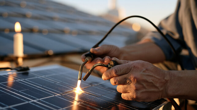 Solar roofing tiles cover a pitched cottage roof while close up hands hold soldering tools repairing a cracked panel by candlelight inside, circular economy repair ethos visible