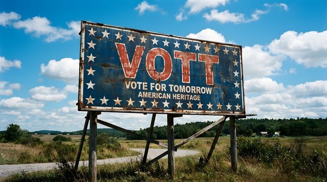 Old weathered billboard in a rural field with vott text and american heritage theme