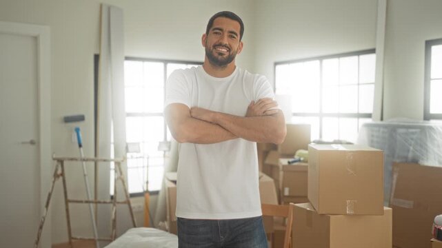 Man standing with crossed arms beside stacked cardboard boxes in a sunlit building room; moving day content.