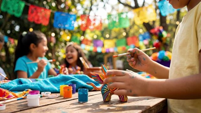 Boy painting colorful alebrije figure at outdoor table. Traditional cultural craft activity for kids creativity and artisan skills
