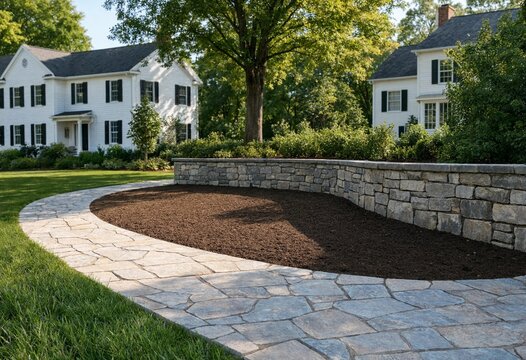 Residential backyard grading with excavated soil, stone border, and proper drainage slope preventing water pooling, foundation damage, erosion, and improving landscape stability.
