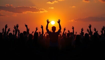 Fototapeta premium The image depicts a large crowd of people gathered outdoors during sunset, with the sky painted in warm orange and yellow tones