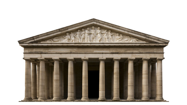 Neoclassical stone building with Doric columns and pediment sculpture, isolated on transparent background