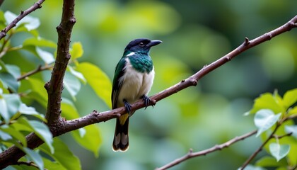 Obraz premium A bird with vibrant blue, green, and white plumage is perched on a slender, brown branch amidst lush green leaves