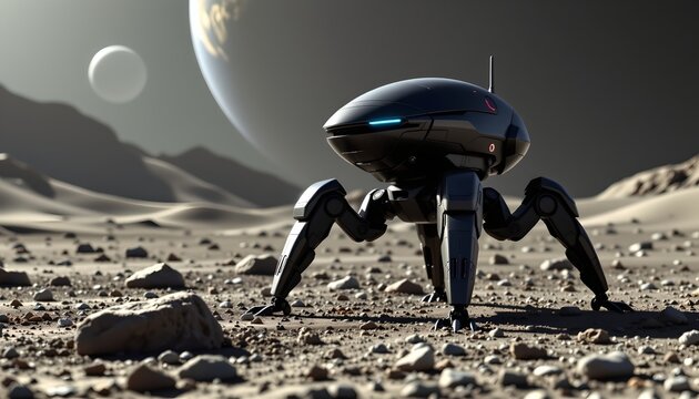 The image features a sleek, futuristic robot with a rounded, aerodynamic body and four jointed legs, standing on a barren, rocky landscape