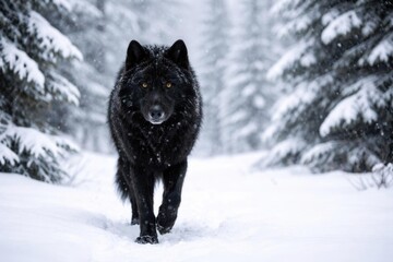 Obraz premium Black Wolf Walking Through Snowy Forest in Winter Light