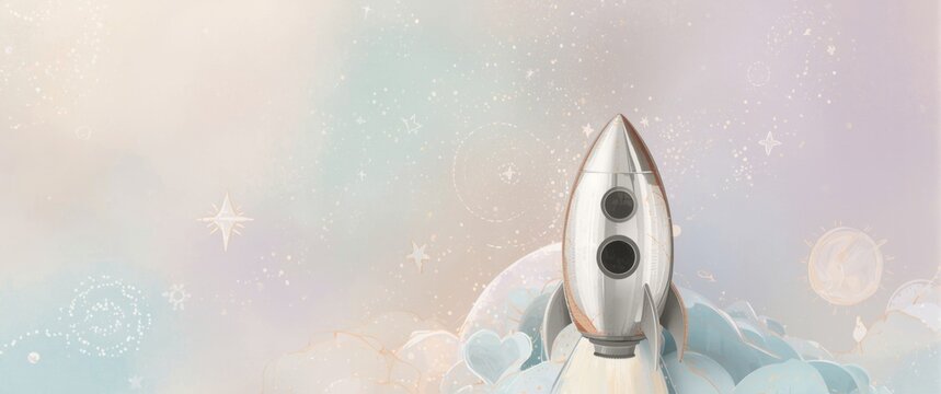 Whimsical Rocket Launching into Dreamy Clouds - Pastel Background, Soft Focus
