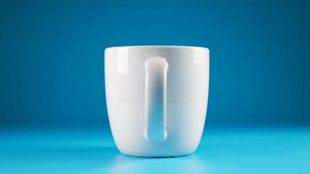 Simple white coffee mug on a bright blue surface in a studio setting with soft lighting and a minimalist aesthetic