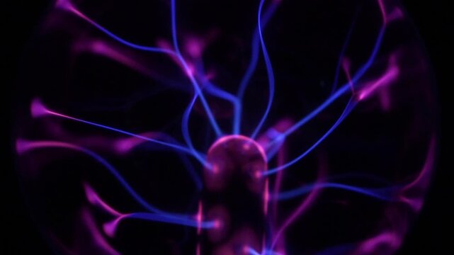 Close-up of the interior of the plasma ball during operation. The discharge color is shades of purple.