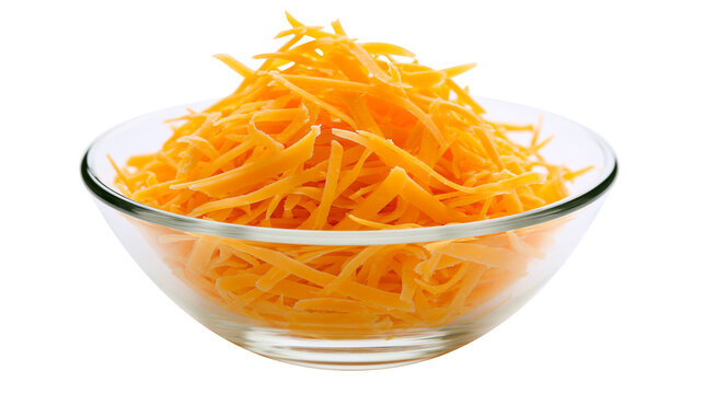 Heap of shredded cheddar cheese in a clear glass bowl, isolated on transparent background