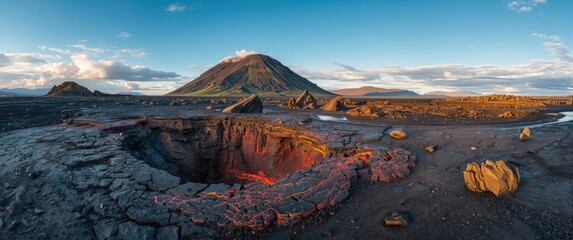 Naklejka premium Lava Crater with Glowing Lava and Volcanic Mountain Under Clear Blue Sky