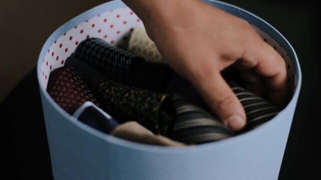 Close-up view of hand reaching into round pale blue gift box and lifting dark striped necktie from tightly packed rolled ties, with varied colors, textures, and refined retail styling