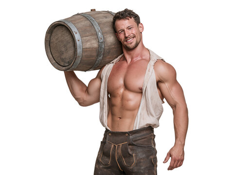 Muscular man with unbuttoned shirt carrying a wooden beer barrel isolated on transparent or white background, png
