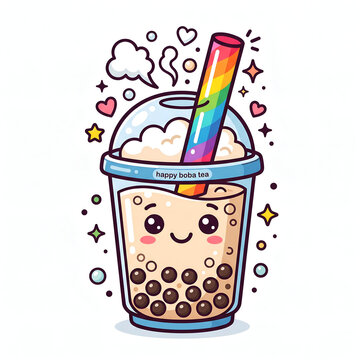 Kawaii happy boba bubble tea cup with rainbow straw vector illustration