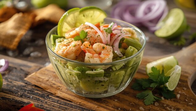 Shrimp Cocktail Salad in a Glass Bowl with Lime and Herbs on a Wooden Table
