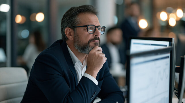 Database management professional in a luxury glass walled office reviews anti bullying program implementation data on dual monitors group dynamic with junior analysts visible