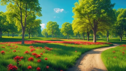Fototapeta premium Lush Green Park Landscape with Vibrant Flowers and a Winding Path on a Sunny Day