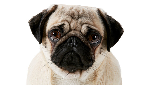 Sad fawn pug dog face with big brown eyes, isolated on transparent background