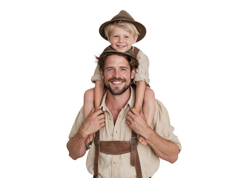 Smiling father carrying son on his shoulders both wearing traditional Bavarian hats isolated on transparent or white background, png