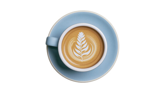 Blue ceramic cup with latte art coffee, isolated on transparent background
