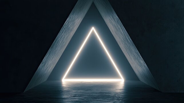 A luminous triangle shape glowing inside a dark, angular architectural space