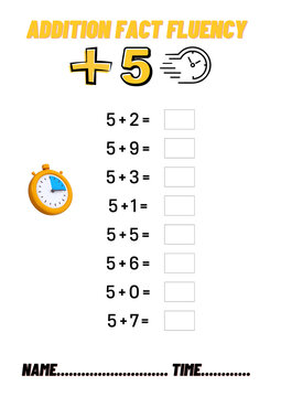 Addition Facts Fluency +5 Timed Math Worksheet for Kids