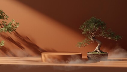 Fototapeta premium Bonsai Tree Displayed on Circular Pedestal in Warm Orange Setting