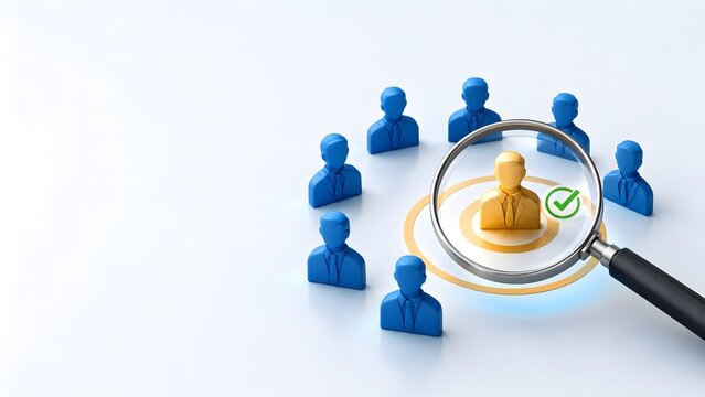 Human resources recruitment process with magnifying glass focusing on verified golden candidate representing talent acquisition and employee selection