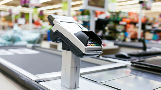 Payment terminal on a grocery store checkout counter with blurred background of products and shopping carts visible in a retail environment