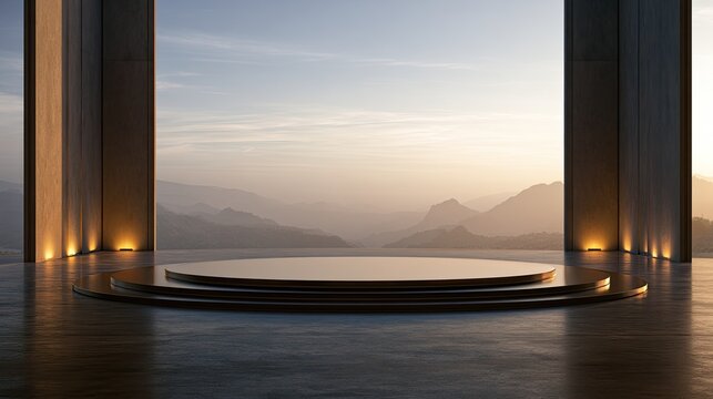 Empty stage overlooks serene mountains at sunrise, lit by warm uplighting