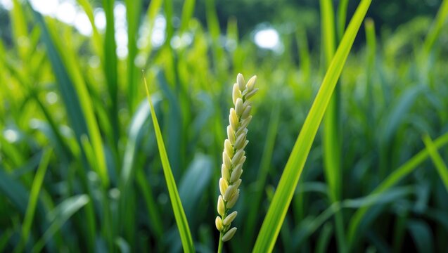 Swaying gently in the breeze, the lush green rice plants extend upward, with their slender stems and leaves rustling softly. The delicate, feathery plumes of the ripening panicles sway above.