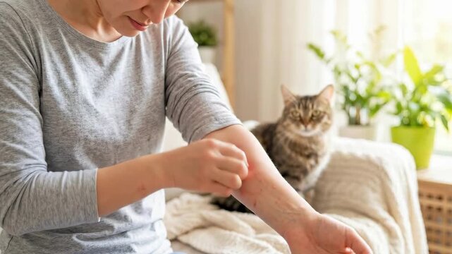 Woman scratching red rash on itchy arm in sunlit living room. Nearby cat on couch suggesting pet allergy trigger. Allergic reaction symptoms and indoor allergen awareness concept