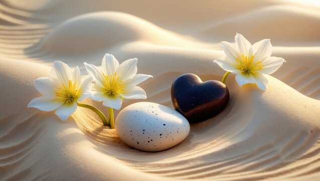 Flowers and Stones Arranged in Soft Sand with Warm Light