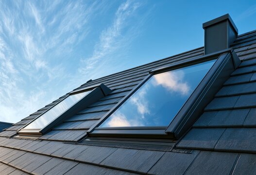 Two modern skylights installed on a dark, tiled roof under a blue sky