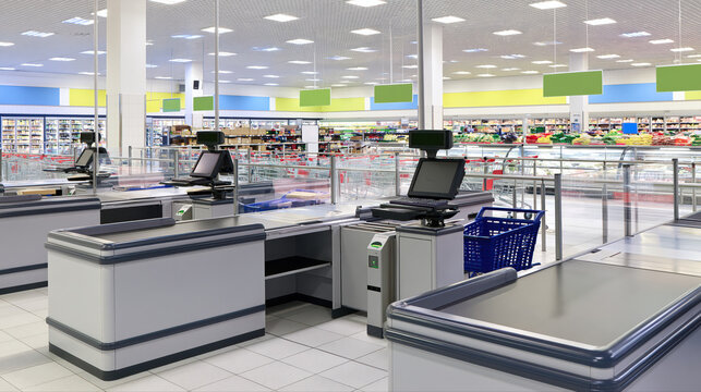 Supermarket checkout area featuring multiple self-service kiosks, shopping baskets, and a well-organized grocery section in the background with bright lighting and clean design